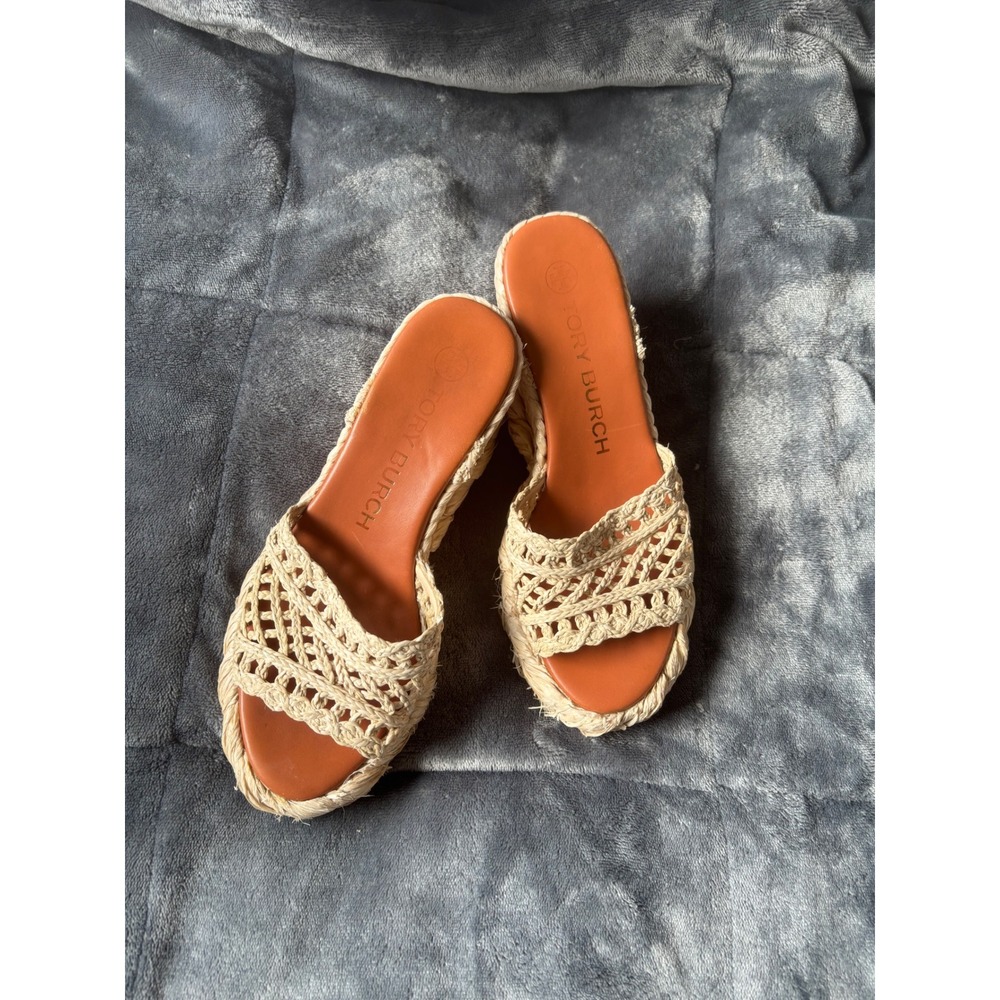 Tory Burch Woven Raffia Espadrille Wedge Sandals Tan Straw Slides 7M